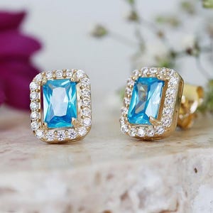 Gold earrings 585 14k with Topaz zirconia stud earrings gold stud earrings with zirconia gift stud gold earrings 585 Topaz blue earrings 585