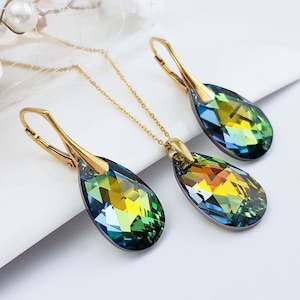 Swarovski green crystal drop earrings necklace set, olive gold pendant necklace crystal, bridesmaids earrings, gift silver gold plated chain
