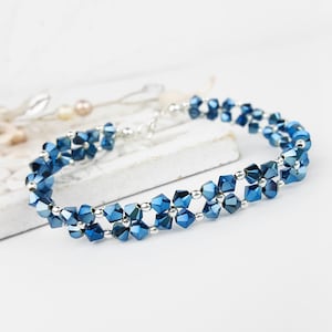 Crystal Armband, Blau Armband Kristall Perlen Armband Sterling Silber Hochzeitsgeschenk, Brautjungfer, dunkelblau Armband Schimmer blau metallic