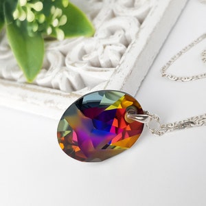 Volcano Swarovski crystal necklace, gold violet pendant necklace crystal, bridesmaids, gift, silver chain 925, red round pendant
