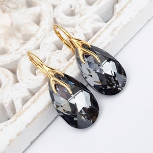 Swarovski Ohrringe, Schwarze Ohrringe, Swarovski Kristall Tropfen, Sterling Silber vergoldet, Swarovski Elements, Graphite Ohrringe, Geschenk