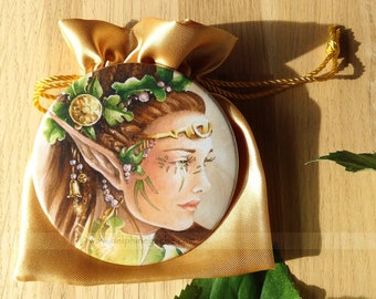 Pocket mirror fairy tale theme and satin clutch - The elf queen - Illustration Delphine GACHE