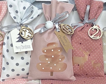 24 ADVENT CALENDAR bags to fill, Advent calendar bags made of fabric in rose tones *with 24 wooden numbers as pendants*