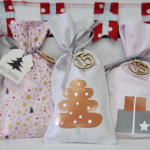 24 fabric bags to fill, Advent calendar bags, Advent calendar in pink, light grey and white, Advent, Advent calendar bags 22 x 12 cm