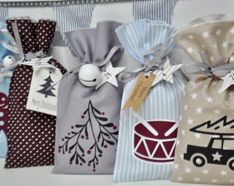 ADVENT CALENDAR 24 Advent calendar sacks made of cotton with mistletoe, car and drum, optionally with wooden numbers