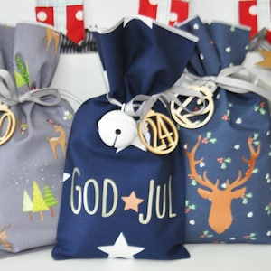 24 bolsitas de tela para rellenar, bolsitas para calendario de Adviento, calendario de Adviento en azul y gris, Adviento, bolsitas para calendario de Adviento de 22 x 12 cm