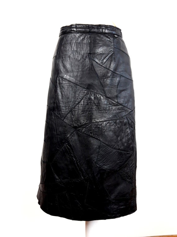 vintage 80s Black Leather Patchwork midi high ski… - image 1