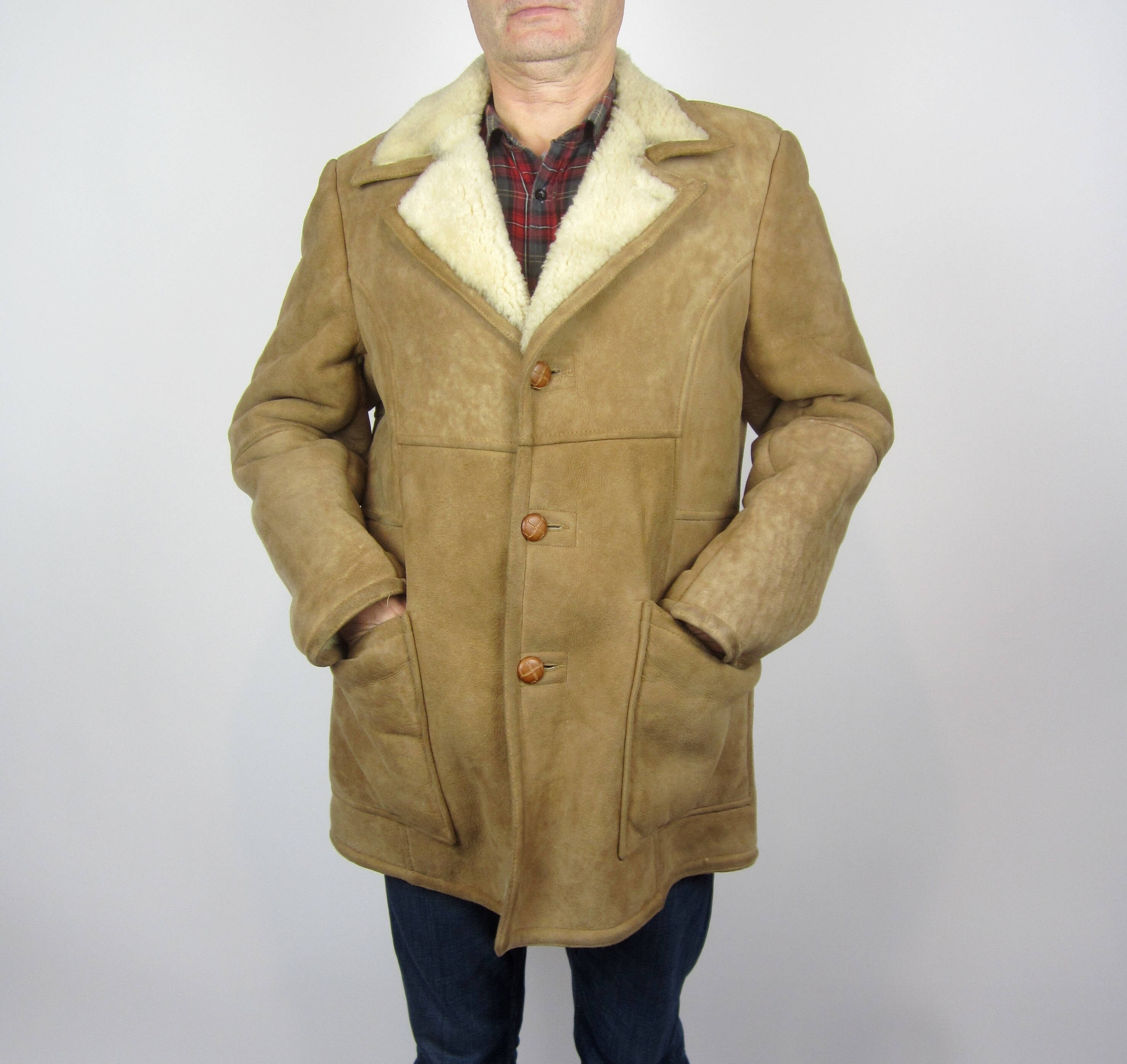 Image of Vintage Oleg Cassini 70S Sheepskin Shearling Tan Suede Leather Winter Coat S M
