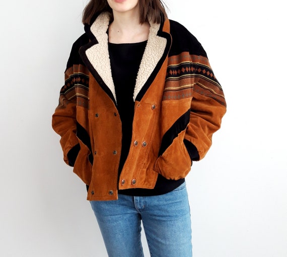 vintage 80s 90s Shearling Suede Leather tan oversi