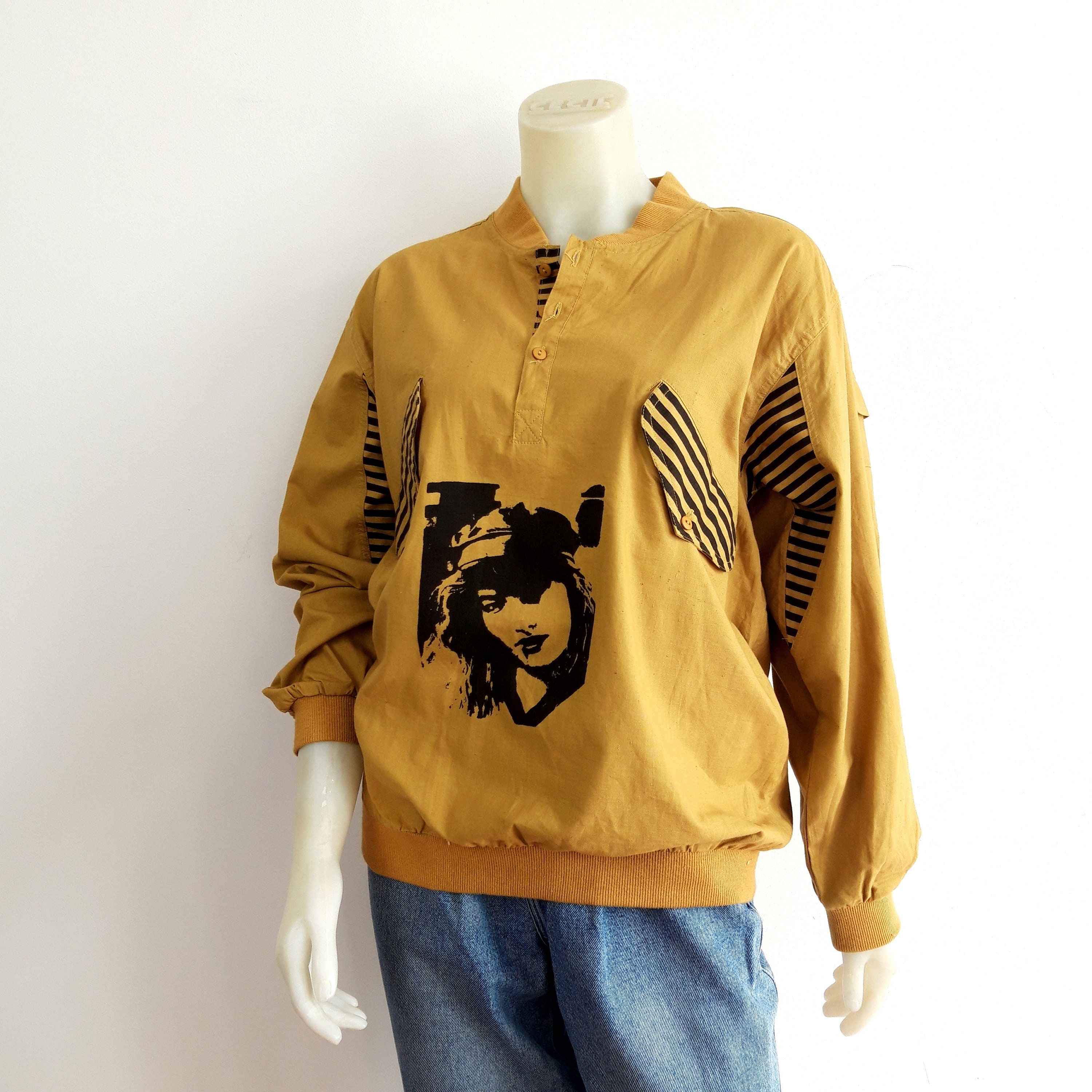 Image of Vintage 90S Lightweight Bomber Cotton Printed Shirt Mustard