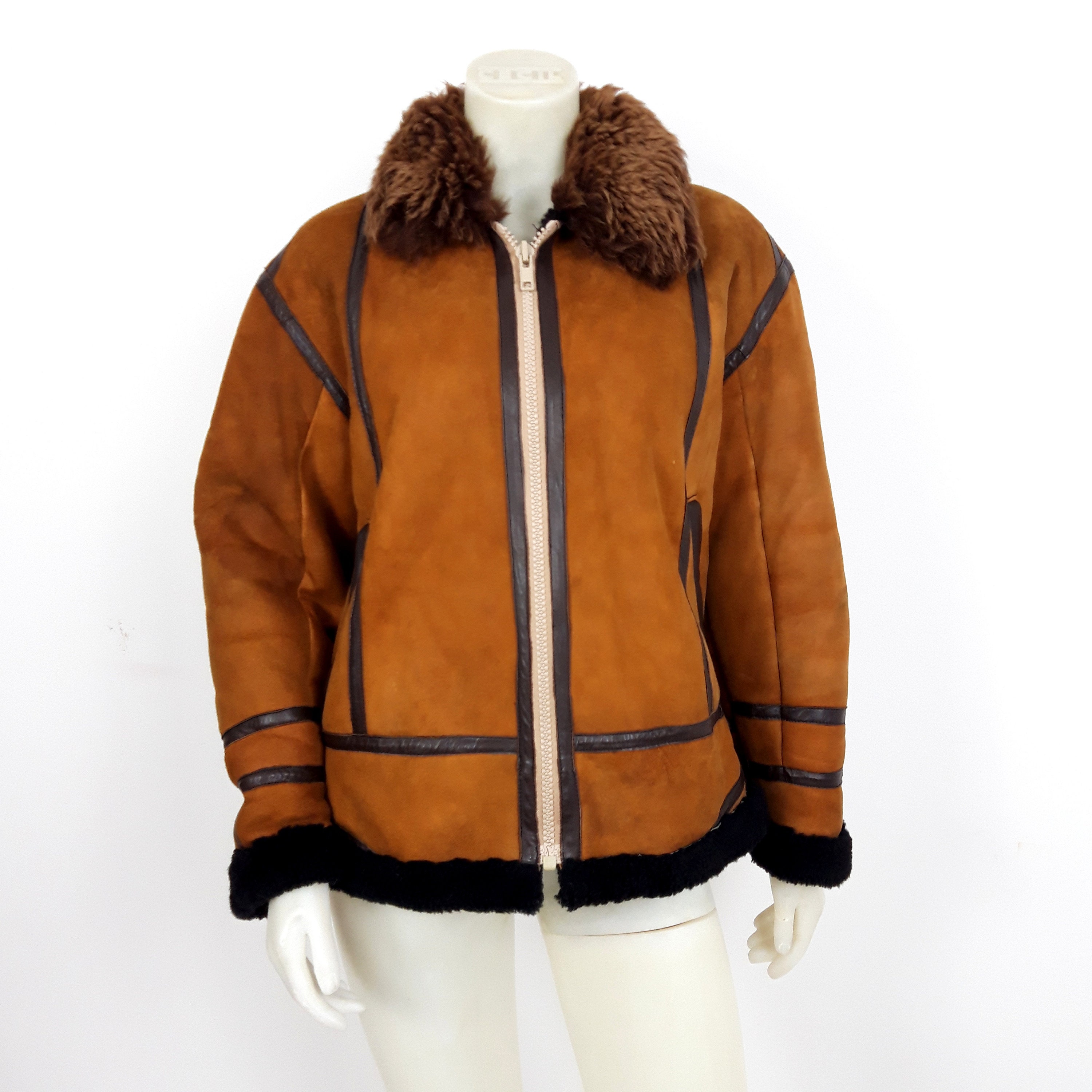 Image of Vintage S Tan Suede Sheepskin Shearling Winter Coat Jacket S M