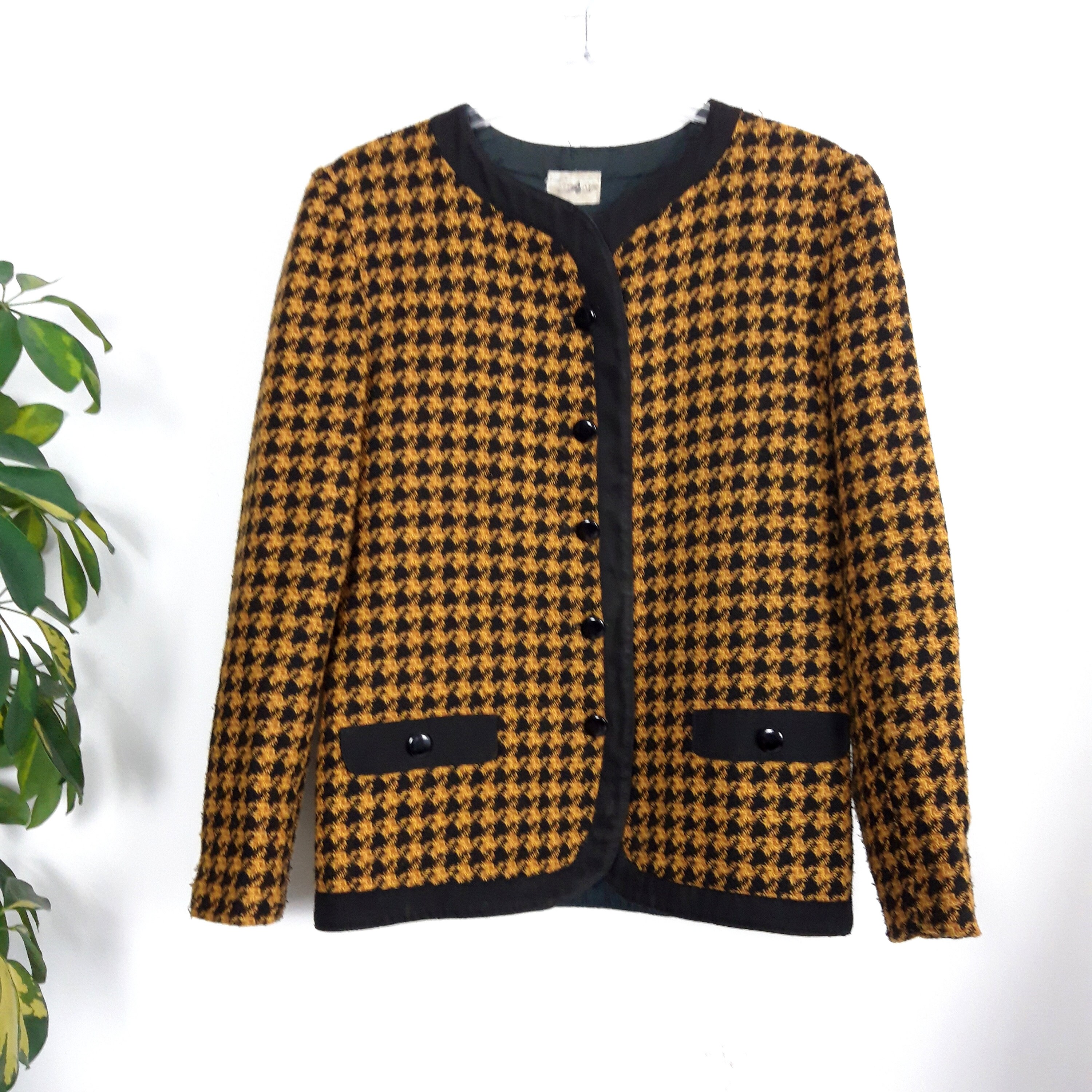Image of Vintage S S Cropped Jacket Black & Mustard Wool Blend Houndstooth Check Plaid Print Pattern