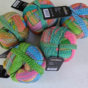 Può includere: Cinque gomitoli di filato rotondi caratterizzati da una miscela multicolore di fibre nei toni del rosa acceso, verde lime, arancione e azzurro cielo. Ogni gomitolo è fissato con un'etichetta di carta nera con informazioni, codici e icone.