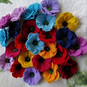12 colorful double felt flowers for decorating or crafting by hand felted, school cone gift decoration