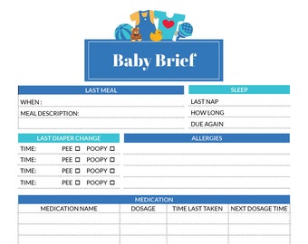 Baby Brief - baby tracker and babysitter emergency contact sheet - Blue