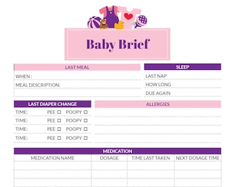 Baby Brief - baby tracker and babysitter emergency contact sheet - Pink & Purple