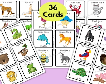 Animal Movement Action Cards, brain breaks, preschool, kindergarten, education printable activity, homeschool game