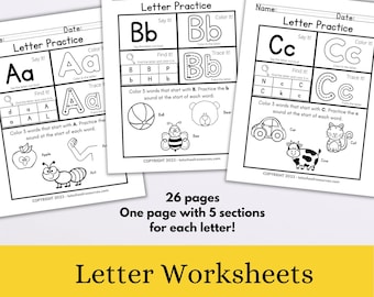 Letter Worksheets, Alphabet learning, phonics printable, preschool curriculum, literacy download, toddler workbook