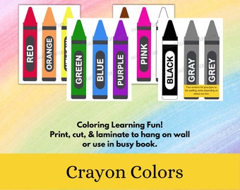 May include: Printable crayon color cards with the words "red", "orange", "green", "blue", "purple", "pink", "black", "gray", and "grey". The cards are designed to be cut out and laminated for use in a busy book or to hang on a wall.
