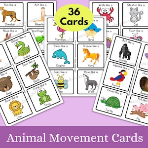 Cartões de ação de movimento animal, quebras cerebrais, pré-escola, jardim de infância, atividade educacional para impressão, jogo escolar em casa