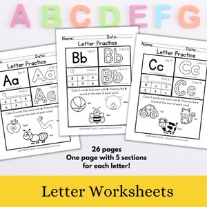 May include: Black and white printable worksheets for learning the alphabet. Each page features a letter, with sections to practice saying, finding, tracing, and coloring words that start with that letter. The worksheets include images of an apple, ant, ball, bear, bee, car, cat, cow, and more.