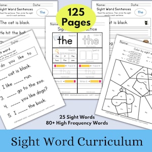 May include: A set of 125 printable worksheets for teaching sight words to young learners. The worksheets feature a variety of activities, including reading sentences, colouring by sight words, and tracing letters. The title of the set is "Sight Word Curriculum".