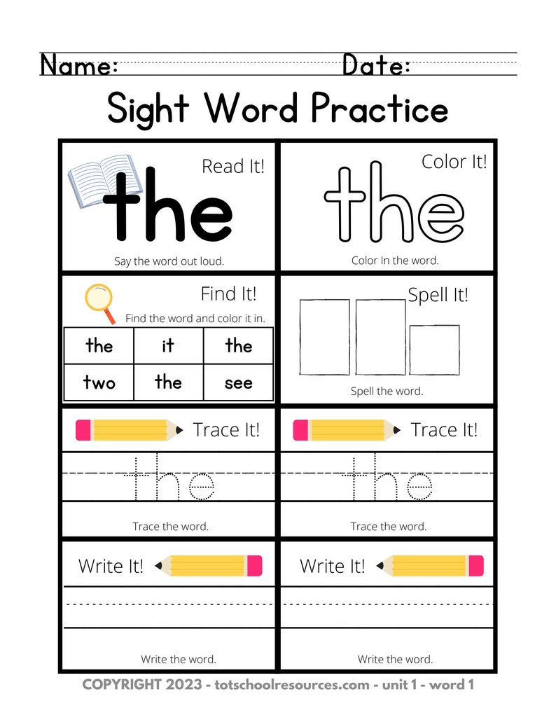 May include: A black and white worksheet with the word "the" written in large letters. The worksheet includes activities for reading, spelling, tracing, and writing the word "the".