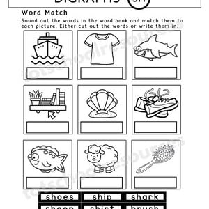 Pu&ograve; includere: Un foglio di lavoro in bianco e nero con un titolo che recita "Digraphs (SH)". Il foglio di lavoro ha un'attivit&agrave; di abbinamento di parole con immagini di una nave, una camicia, uno squalo, uno scaffale, una conchiglia, scarpe, una pecora, un pesce e uno spazzolino. Le parole sono elencate sotto le immagini in un elenco di parole.