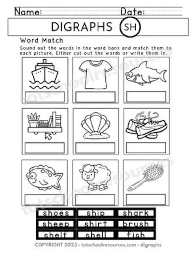 Pu&ograve; includere: Un foglio di lavoro in bianco e nero con un titolo che recita "Digraphs (SH)". Il foglio di lavoro ha un'attivit&agrave; di abbinamento di parole con immagini di una nave, una camicia, uno squalo, uno scaffale, una conchiglia, scarpe, una pecora, un pesce e uno spazzolino. Le parole sono elencate sotto le immagini in un elenco di parole.