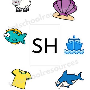 Pu&ograve; includere: Una pecora bianca, una conchiglia viola, un pesce blu, una maglietta gialla, uno squalo blu e una nave blu sono mostrati attorno a un cartoncino bianco con le lettere "SH" in nero.