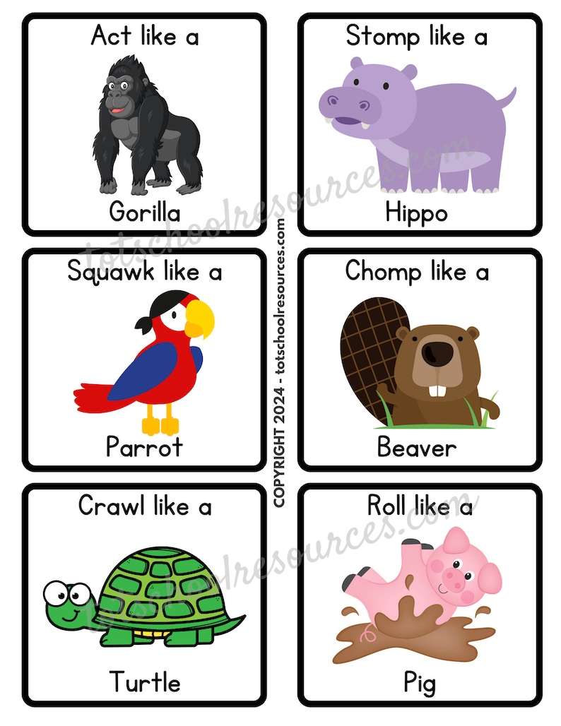 May include: Five colorful cards with animal illustrations and instructions to act like the animal. The cards feature a gorilla, hippopotamus, parrot, beaver, and pig. Each card has a white background with black borders.