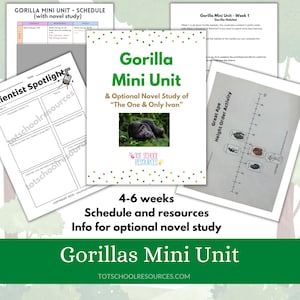 Op de afbeelding: Educatief materiaal voor een Gorilla Mini Unit, inclusief een schema, werkbladen en een romanstudie van "The One & Only Ivan". De materialen zijn ontworpen voor 4-6 weken leren en bevatten een foto van een gorilla.