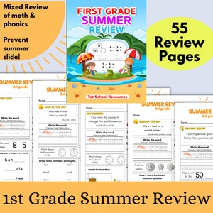 Summer Review 1st grade going to 2nd grade, math, phonics, literacy, mixed review worksheets