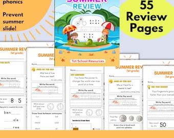 Summer Review 1st grade going to 2nd grade, math, phonics, literacy, mixed review worksheets