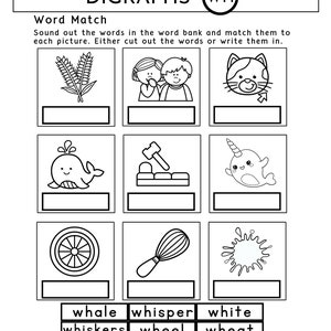 Pu&ograve; includere: Un foglio di lavoro in bianco e nero con immagini e parole da abbinare. Il foglio di lavoro &egrave; intitolato "Digraphs WH" e include parole come "balena", "sussurrare", "bianco", "baffi", "ruota", "grano", "frusta", "colpire" e "narvalo".