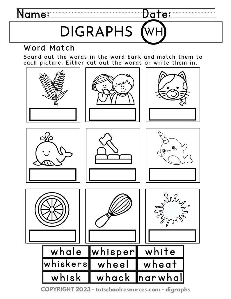 Pu&ograve; includere: Un foglio di lavoro in bianco e nero con immagini e parole da abbinare. Il foglio di lavoro &egrave; intitolato "Digraphs WH" e include parole come "balena", "sussurrare", "bianco", "baffi", "ruota", "grano", "frusta", "colpire" e "narvalo".