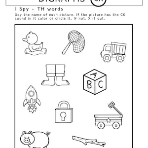 Pu&ograve; includere: Foglio di lavoro in bianco e nero con il titolo "DIGRAPHS (CK)" e istruzioni per dire il nome di ogni immagine e cerchiare quella che contiene il suono CK. Il foglio di lavoro include immagini di un'anatra, una rete, un camion ribaltabile, stivali, un blocco, un razzo, un lucchetto, un carrello, un maiale e un bastone.