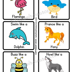 May include: A set of six colorful cards with animal illustrations and action verbs. Each card features a different animal, such as a flamingo, bird, dolphin, pony, bee, and wolf, and a corresponding action verb, such as balance, peck, swim, prance, buzz, and howl.