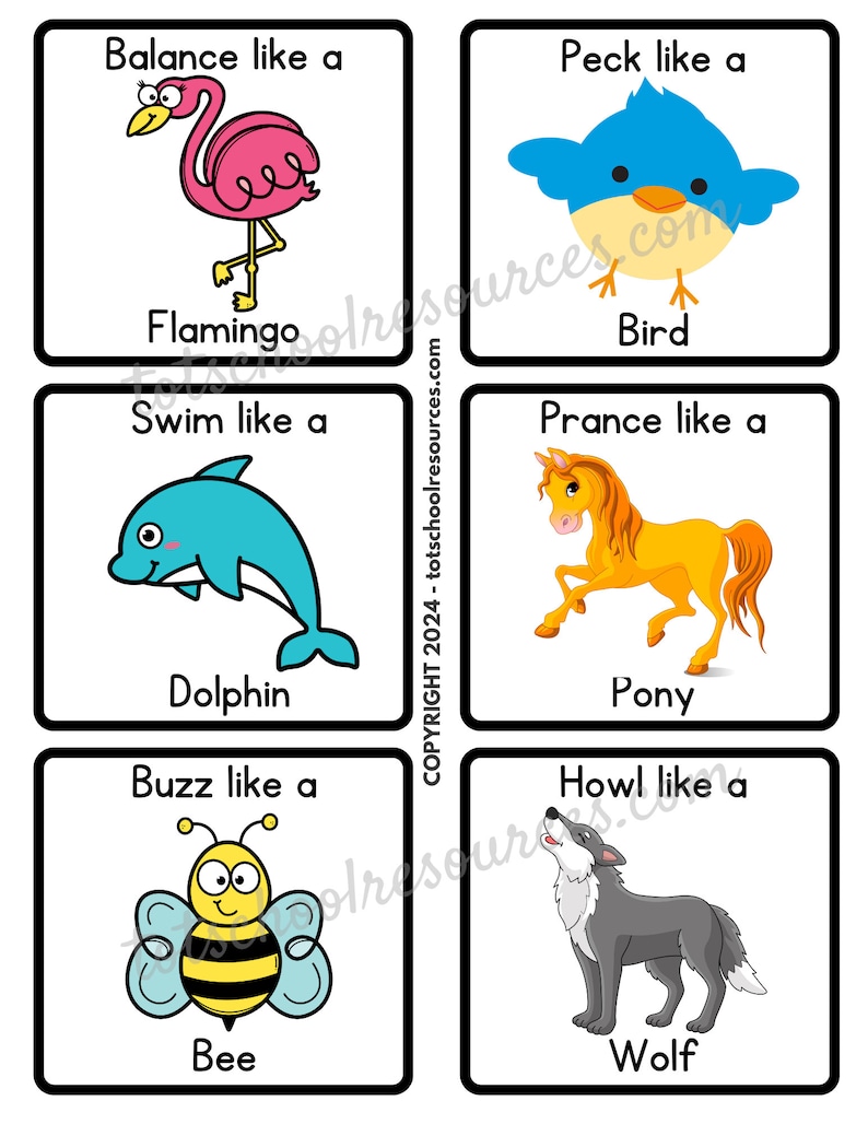 May include: A set of six colorful cards with animal illustrations and action verbs. Each card features a different animal, such as a flamingo, bird, dolphin, pony, bee, and wolf, and a corresponding action verb, such as balance, peck, swim, prance, buzz, and howl.