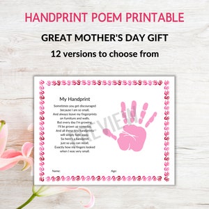 Poème à imprimer avec empreinte de main - Cadeau pour la fête des Mères - Version rose/rouge