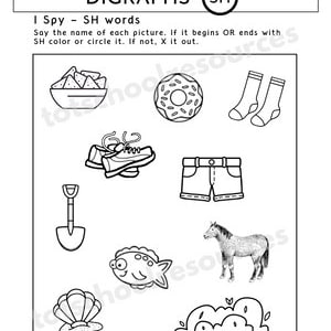 Pu&ograve; includere: Foglio di lavoro in bianco e nero con il titolo "DIGRAPHS" e la parola "SH" cerchiata. Il foglio di lavoro contiene un elenco di nove immagini in bianco e nero con le istruzioni per colorare o circondare le immagini che iniziano o terminano con il digrafo "SH".