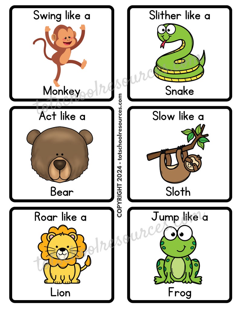 May include: Five colorful cards with animal illustrations and instructions to act like the animal. The cards say "Swing like a Monkey", "Slither like a Snake", "Act like a Bear", "Slow like a Sloth", and "Jump like a Frog".