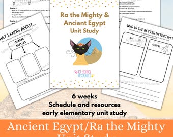 Puede incluir: Conjunto de hojas de trabajo para una unidad de estudio sobre el antiguo Egipto. La portada presenta una ilustración de un gato negro con el título "Ra the Mighty & Ancient Egypt Unit Study". Incluye preguntas y un programa de 6 semanas.