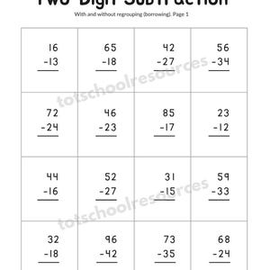 May include: A black and white worksheet titled "Two-Digit Subtraction" with math problems. The worksheet includes subtraction problems with and without regrouping. The copyright notice at the bottom reads "COPYRIGHT 2024 - totschoolresources.com."