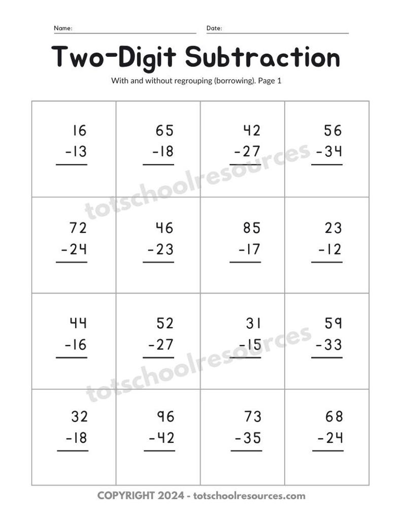 May include: A black and white worksheet titled "Two-Digit Subtraction" with math problems. The worksheet includes subtraction problems with and without regrouping. The copyright notice at the bottom reads "COPYRIGHT 2024 - totschoolresources.com."