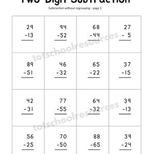 May include: A black and white worksheet titled "Two-Digit Subtraction" with subtraction problems arranged in a grid. The worksheet includes the text "Subtraction without regrouping - page 1" and the copyright information.