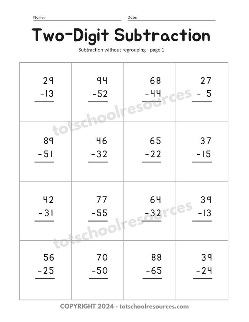 May include: A black and white worksheet titled "Two-Digit Subtraction" with subtraction problems arranged in a grid. The worksheet includes the text "Subtraction without regrouping - page 1" and the copyright information.