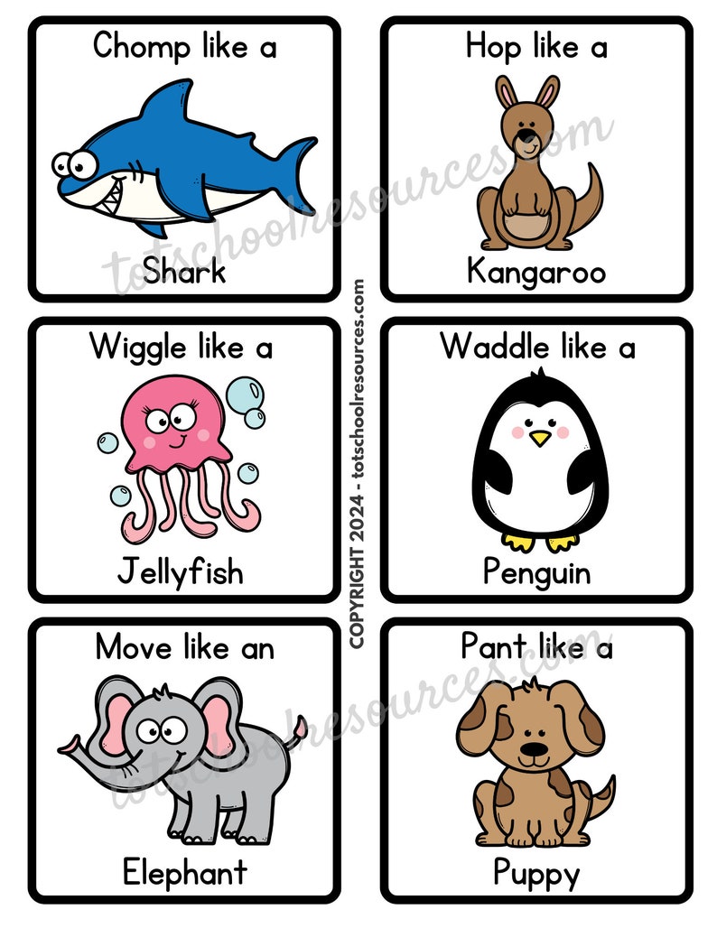 May include: A set of six colorful flashcards with animal illustrations and action words. Each card features a different animal, such as a shark, kangaroo, jellyfish, penguin, elephant, and puppy, with a corresponding action verb like "chomp", "hop", "wiggle", "waddle", "move", and "pant".