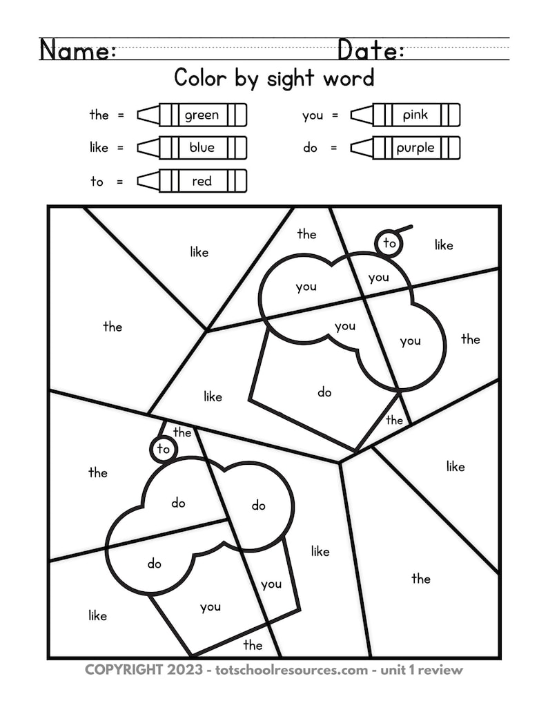 May include: Black and white printable worksheet for kids to color by sight words. The words are "the", "like", "you", "do", and "to". The words are arranged in a grid pattern and the child is instructed to color each section according to the color assigned to each word.