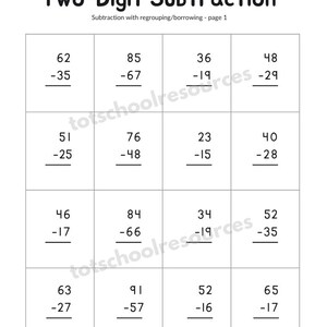 May include: A white worksheet with the title "Two-Digit Subtraction" and subtraction problems. The worksheet includes problems with regrouping and borrowing. The copyright information is at the bottom.